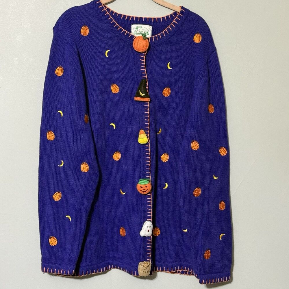 Vintage Quacker Factory Halloween Cardigan L Purple Pumpkin Witch Ghost 3D